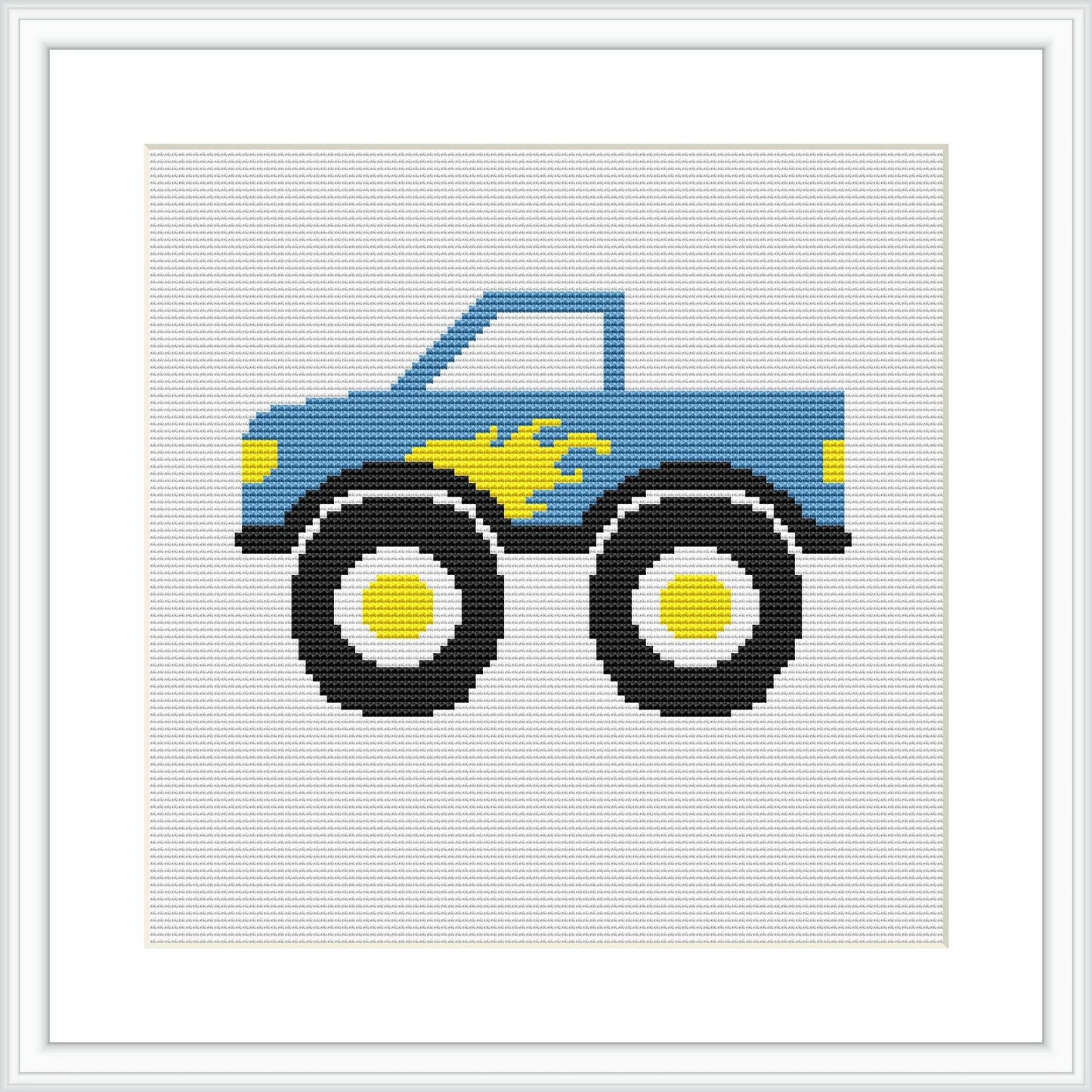 The image shows a stylized cross stitch pattern of a blue truck with large black wheels and small yellow and blue flames on the side. The truck is centered on a white background, enclosed in a square frame.