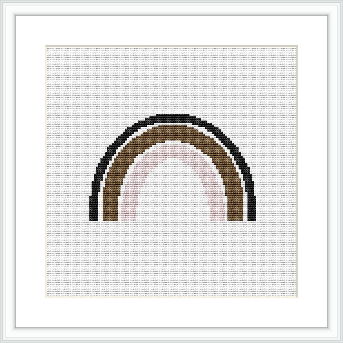 The image features a cross stitch pattern of an arch resembling a simplified rainbow. It consists of horizontal bands of different colors decreasing in width from the bottom to the top against a white background. It is framed within a simple white picture frame, giving it a clean, finished look.