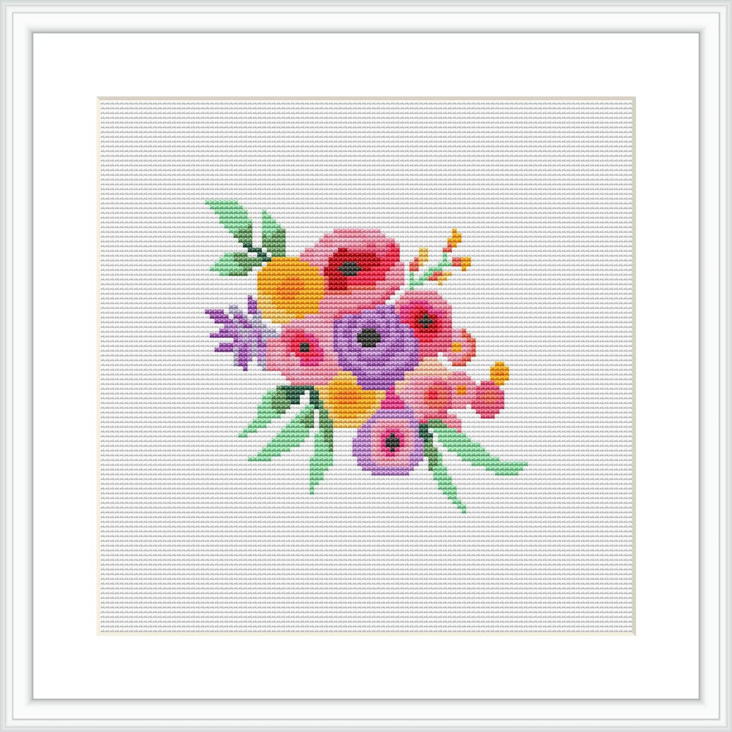 The image displays a framed cross stitch pattern featuring a bouquet of flowers with a subtle reference to a unicorn theme. The bouquet is arranged in the center against a white background and bounded by a simple square frame.