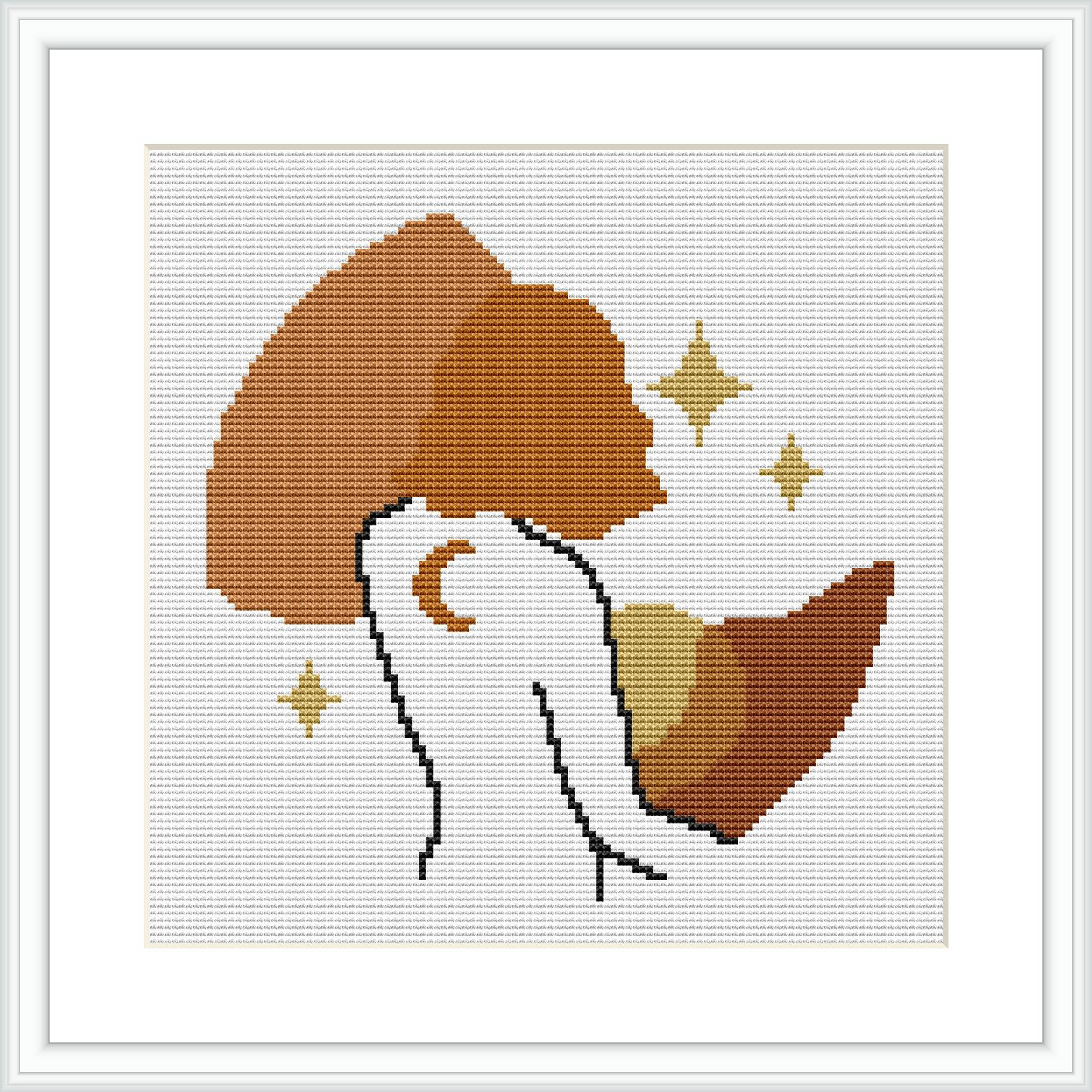 The image displays a cross stitch pattern framed in white. The pattern depicts an abstract female silhouette in profile, merged with a brown and beige crescent moon surrounded by small golden stars on a white background.