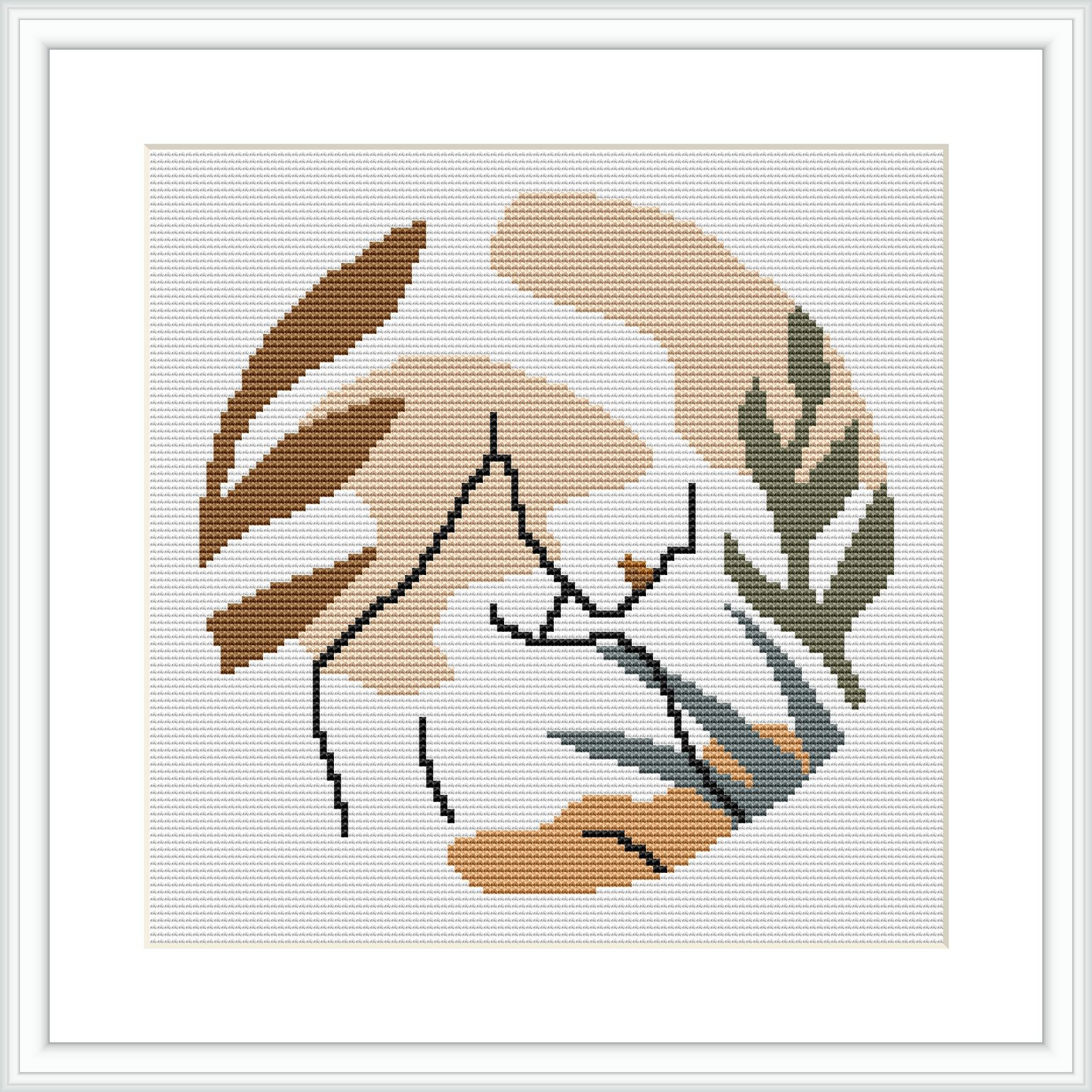 The image features an abstract representation of a human hand touching a sprig of leaves, within a square border. It's displayed as though it's stitched on a piece of fabric with a cross-stitch technique, and framed in a simple, modern frame.