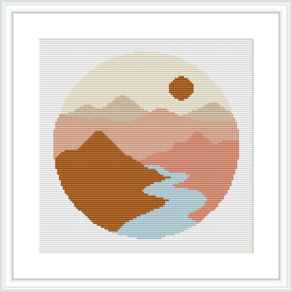 The image displays a circular cross stitch pattern depicting an abstract mountain landscape with a river, enclosed within a graphical circular border. The foreground shows a brown mountain, the middle ground a smaller pink mountain, and in the background, a rising or setting sun in a light beige sky, all framed by a white border.