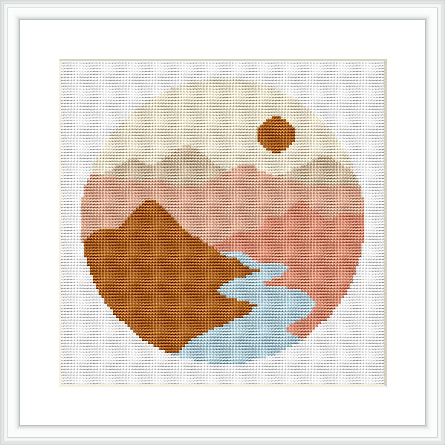 The image displays a circular cross stitch pattern depicting an abstract mountain landscape with a river, enclosed within a graphical circular border. The foreground shows a brown mountain, the middle ground a smaller pink mountain, and in the background, a rising or setting sun in a light beige sky, all framed by a white border.