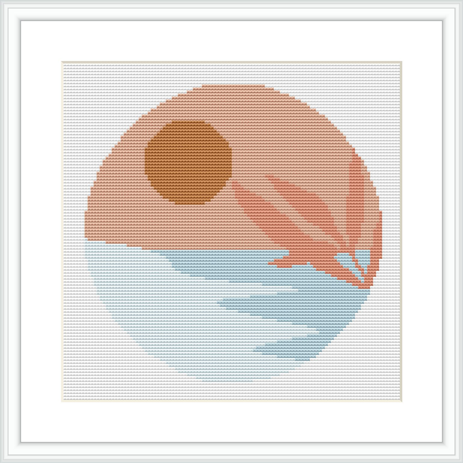 The design features a stylized depiction of a sunrise over water, portrayed with geometric shapes and a gradient of colors. The upper half is a semicircle representing the sun in peach and brown, while the lower half depicts reflective water in shades of blue.