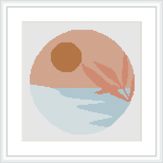 The design features a stylized depiction of a sunrise over water, portrayed with geometric shapes and a gradient of colors. The upper half is a semicircle representing the sun in peach and brown, while the lower half depicts reflective water in shades of blue.