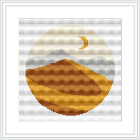 The image features a rounded, geometric representation of a desert landscape at night. The lower half shows a large, brown mountain or sand dune, while the upper half depicts the sky with a crescent moon and shades of white and gray representing clouds or distant mountains.