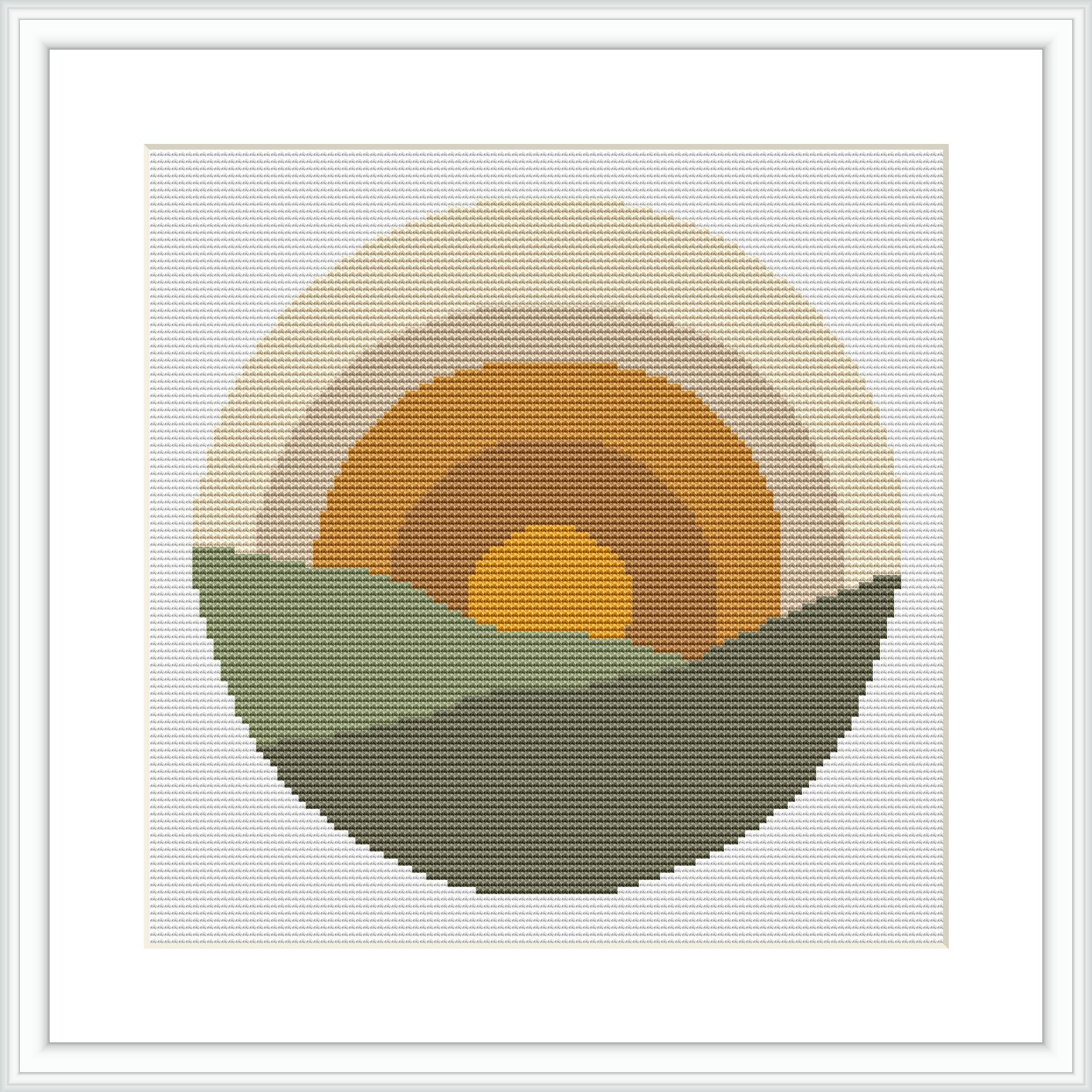 The image shows a cross stitch design featuring a stylized, simplistic sunrise with a yellow center, an orange ring around it, and a larger beige ring enclosing the orange. The bottom half depicts two green hills in a darker tone in front and a lighter tone in the back under a circular backdrop.