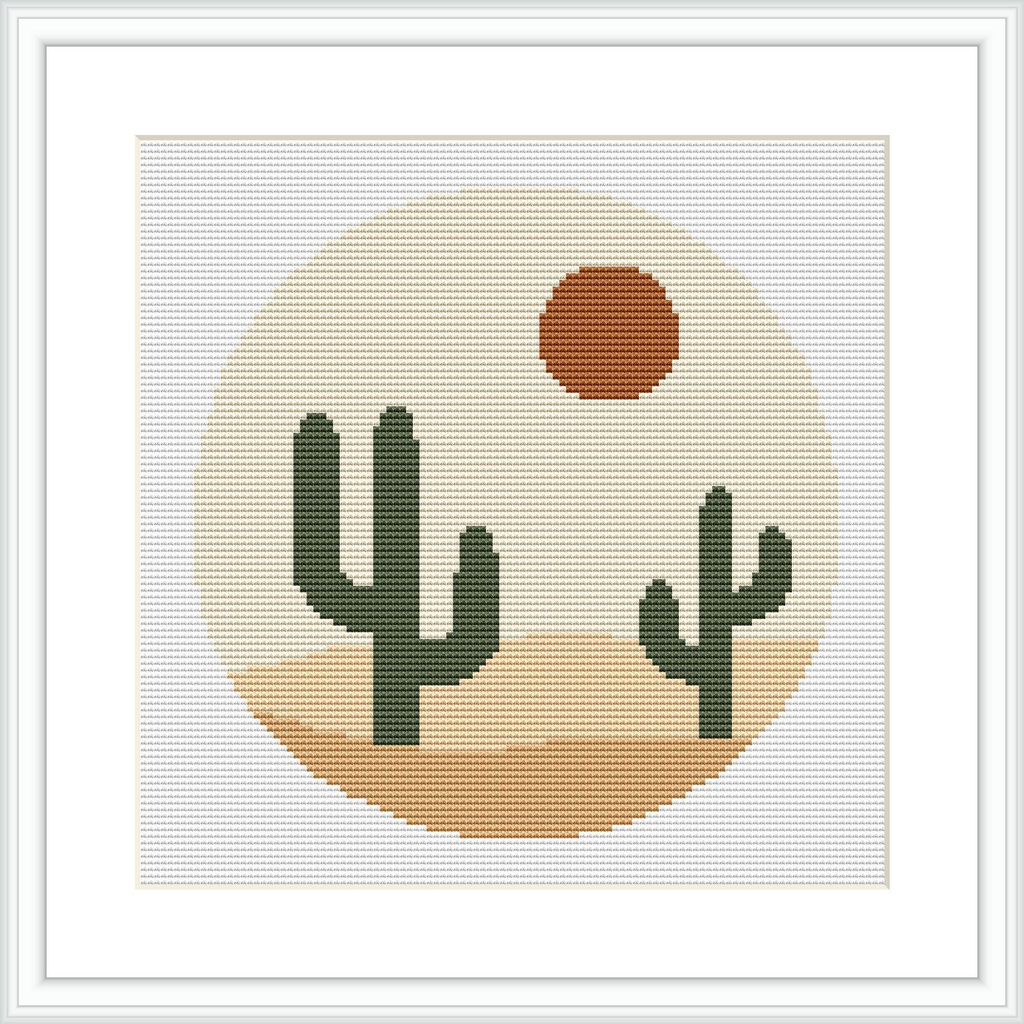 The image depicts a minimalist desert scene with two green cacti in the center, set against a beige background that represents sand. Above the cacti, there's an orange circle representing the sun, all enclosed within a pale circular frame suggesting a setting sun.