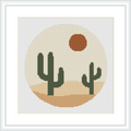 The image depicts a minimalist desert scene with two green cacti in the center, set against a beige background that represents sand. Above the cacti, there's an orange circle representing the sun, all enclosed within a pale circular frame suggesting a setting sun.