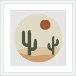 The image depicts a minimalist desert scene with two green cacti in the center, set against a beige background that represents sand. Above the cacti, there's an orange circle representing the sun, all enclosed within a pale circular frame suggesting a setting sun.