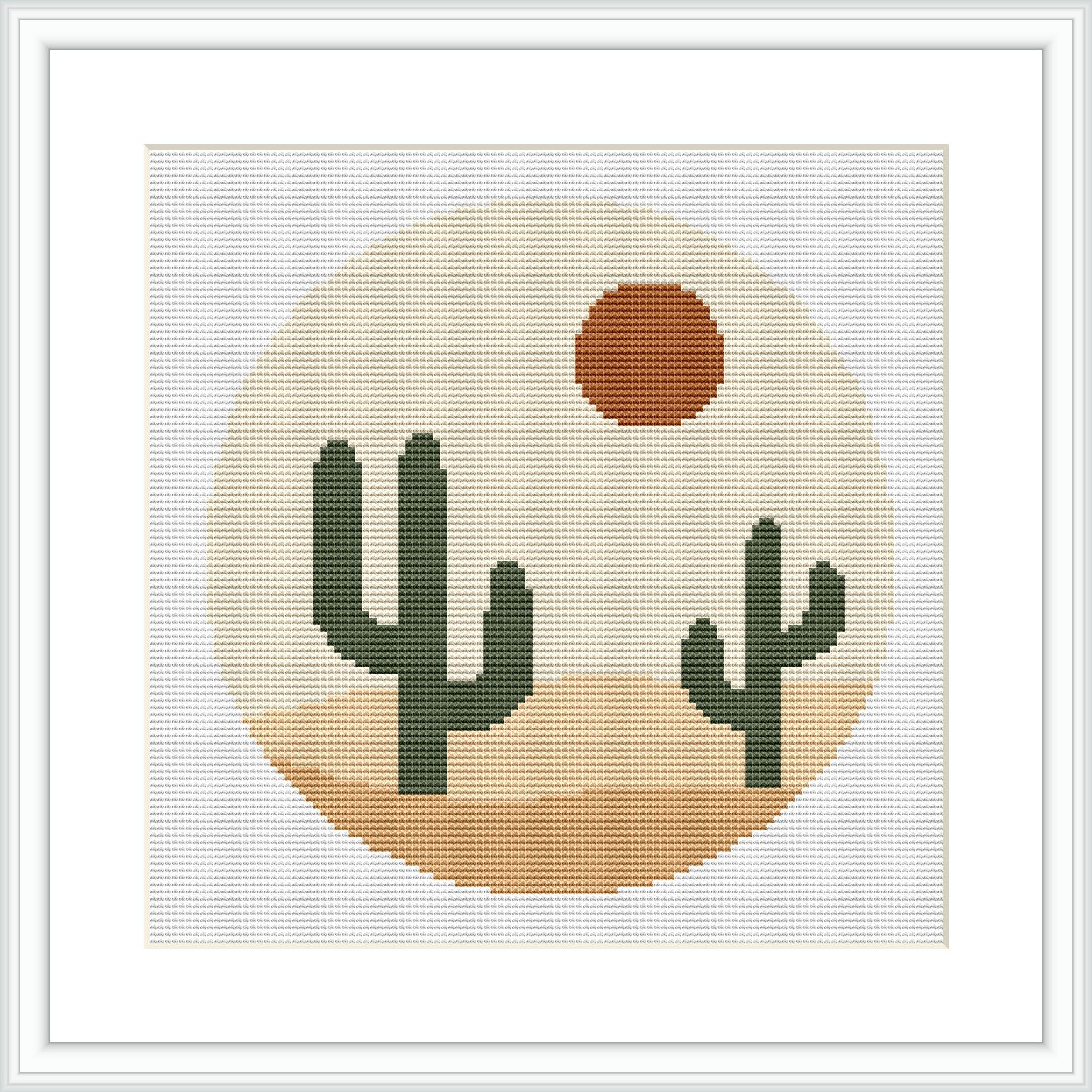 The image depicts a minimalist desert scene with two green cacti in the center, set against a beige background that represents sand. Above the cacti, there's an orange circle representing the sun, all enclosed within a pale circular frame suggesting a setting sun.