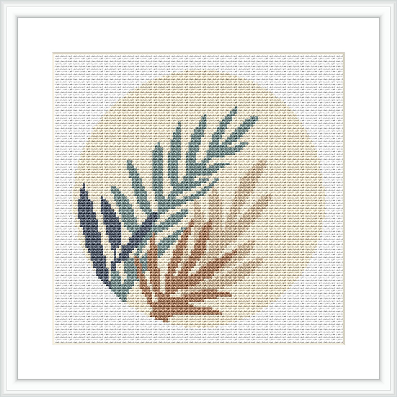 A cross stitch pattern featuring a collection of fern leaves in various shades of green and tan, arranged in a circular gradient on a cream-colored background, encased within a light frame.
