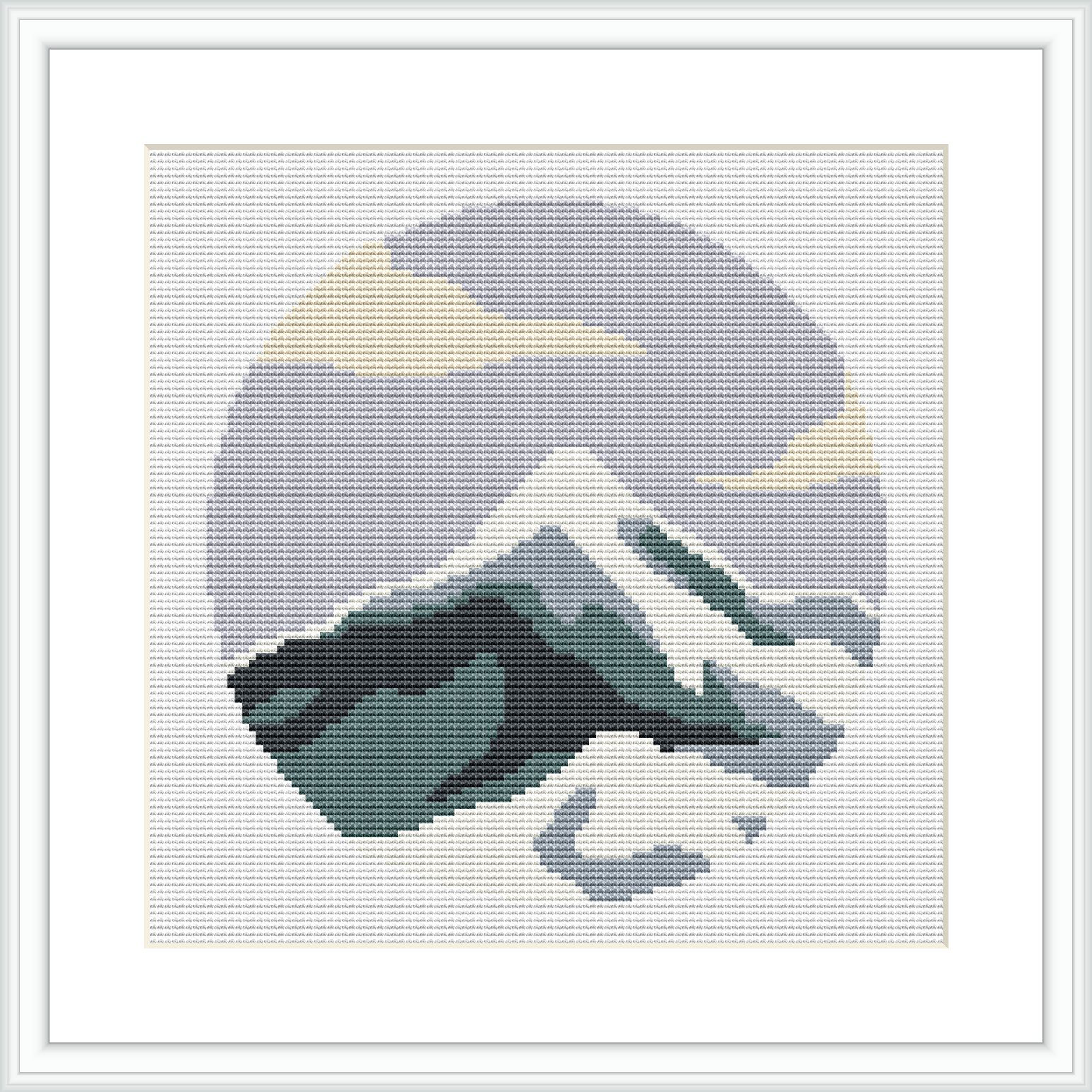 A framed cross stitch pattern featuring a stylistic representation of a mountain within a circular contour against a gradient background. It is displayed within a square design space.