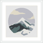 A framed cross stitch pattern featuring a stylistic representation of a mountain within a circular contour against a gradient background. It is displayed within a square design space.