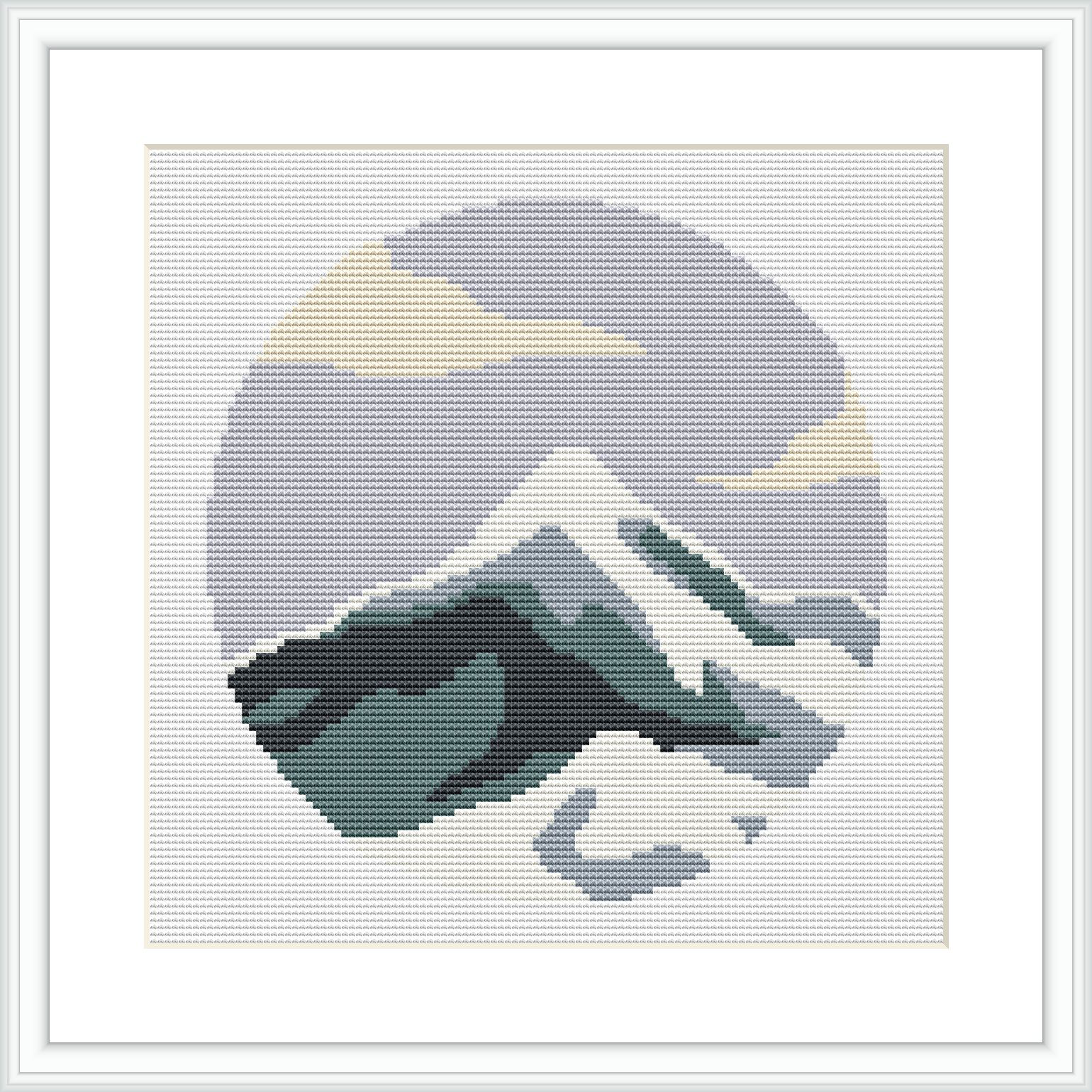 A framed cross stitch pattern featuring a stylistic representation of a mountain within a circular contour against a gradient background. It is displayed within a square design space.