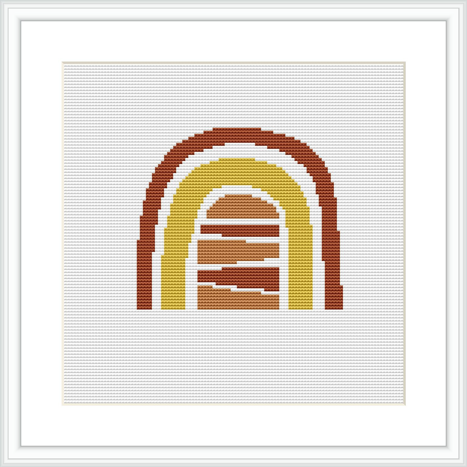 The image features a cross stitch pattern of a simplified, abstract depiction of a house or cabin, presented in gradient shades of warm colors, contained within a plain white frame against a white background.