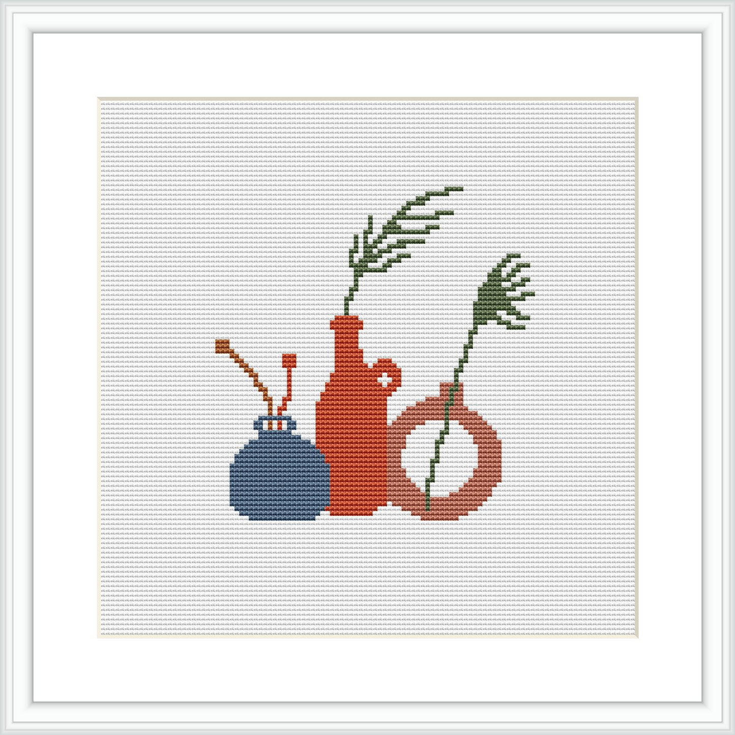 Three earthenware vessels of varying shapes and sizes, each containing green plant sprigs, are depicted against a plain background on a cross stitch canvas. The piece is framed in a simple white frame.