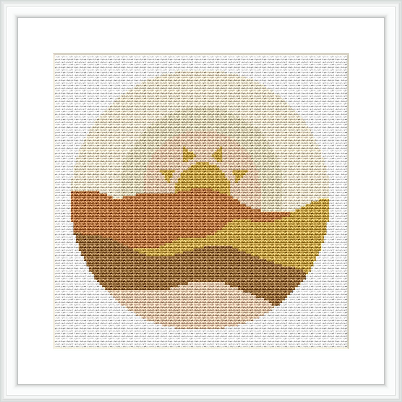 The cross stitch pattern depicts a stylized sunset with a gradient of colors representing hills or dunes under a large, circular sun with rays emanating from it, all framed within a square border.