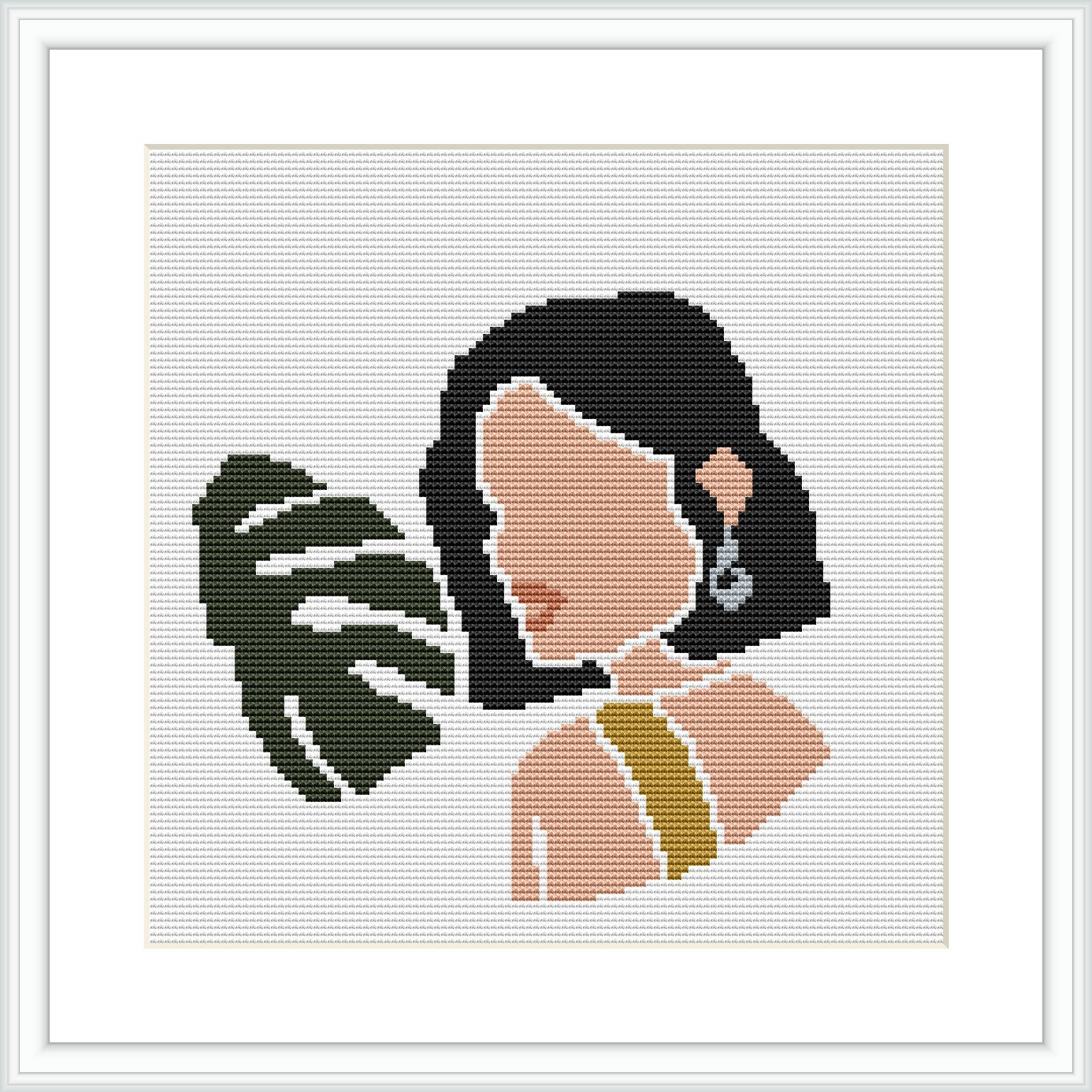 The image depicts a side profile of a woman with black hair, her face turned slightly downwards, and a large green tropical leaf partially obscuring her face. She wears a strapless top and an earring. The design is framed against a white background.