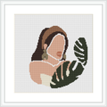 The image depicts a minimalist representation of a woman in profile with her hair down, accompanied by leafy motifs. The portrait is rendered in a palette of muted earth tones against a plain white background.