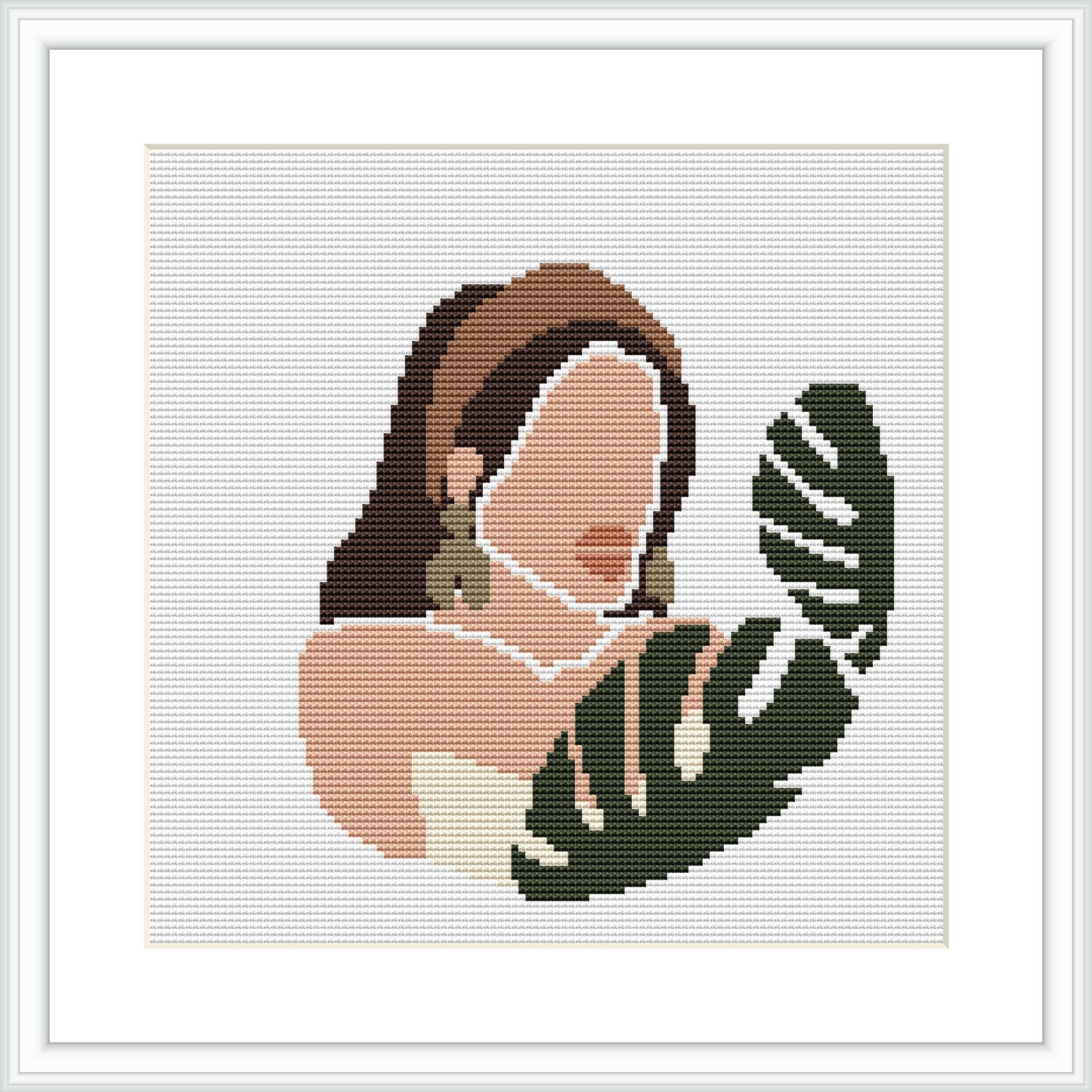 The image depicts a minimalist representation of a woman in profile with her hair down, accompanied by leafy motifs. The portrait is rendered in a palette of muted earth tones against a plain white background.