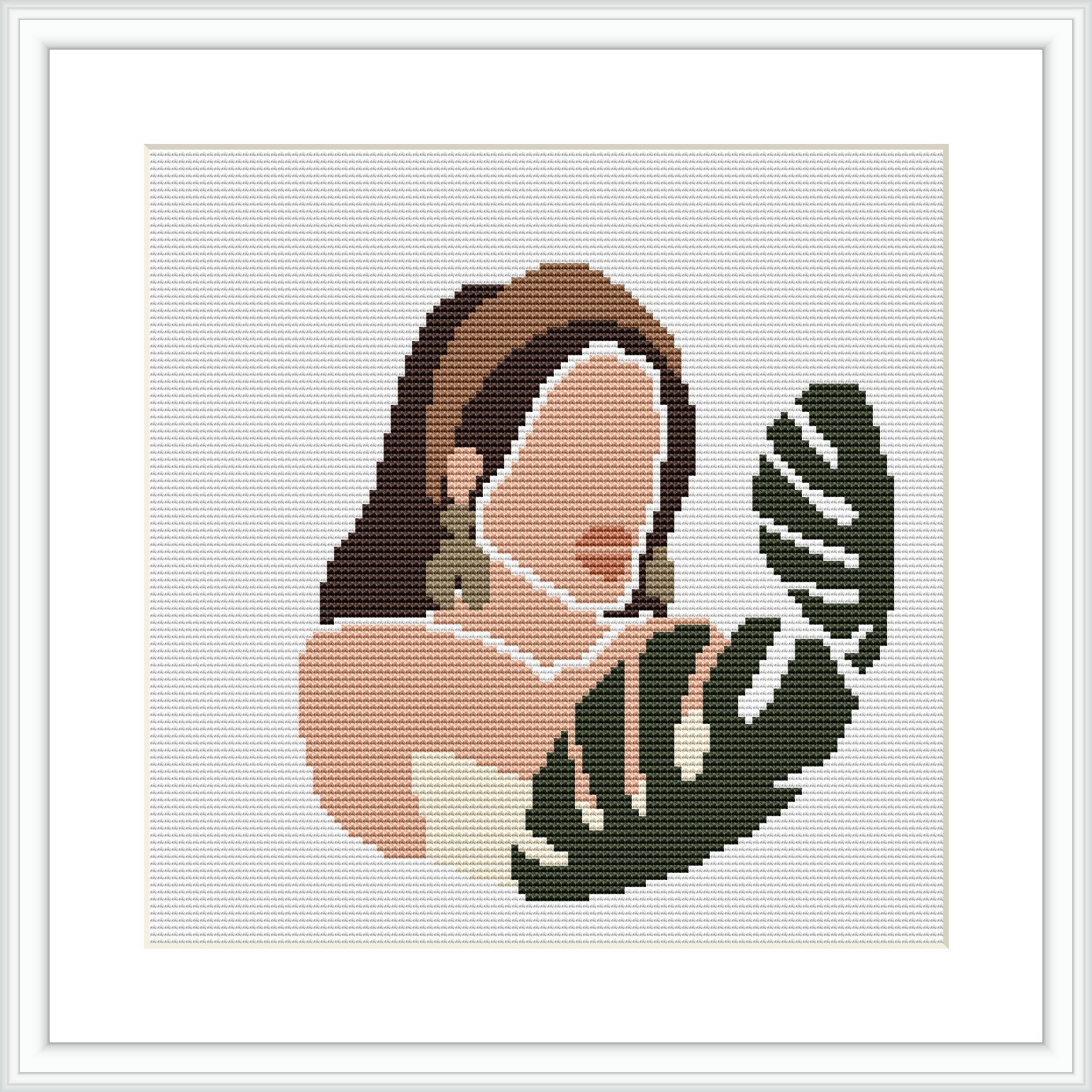 The image depicts a minimalist representation of a woman in profile with her hair down, accompanied by leafy motifs. The portrait is rendered in a palette of muted earth tones against a plain white background.