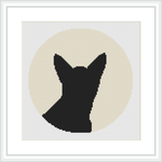 The image displays a cross stitch pattern featuring a woman's side profile silhouette set against a circular beige background, all within a square frame.