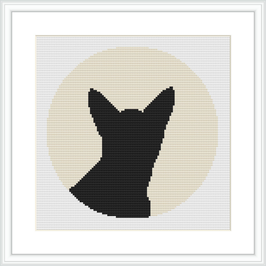 The image displays a cross stitch pattern featuring a woman's side profile silhouette set against a circular beige background, all within a square frame.