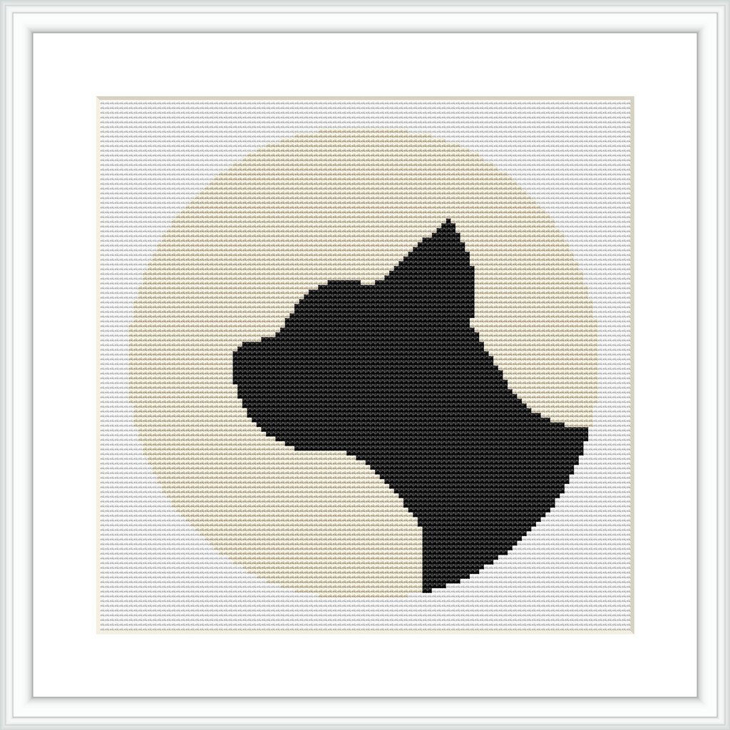 This image displays a framed cross stitch pattern with a central circular design depicting a woman's silhouette profile in black on a beige background.