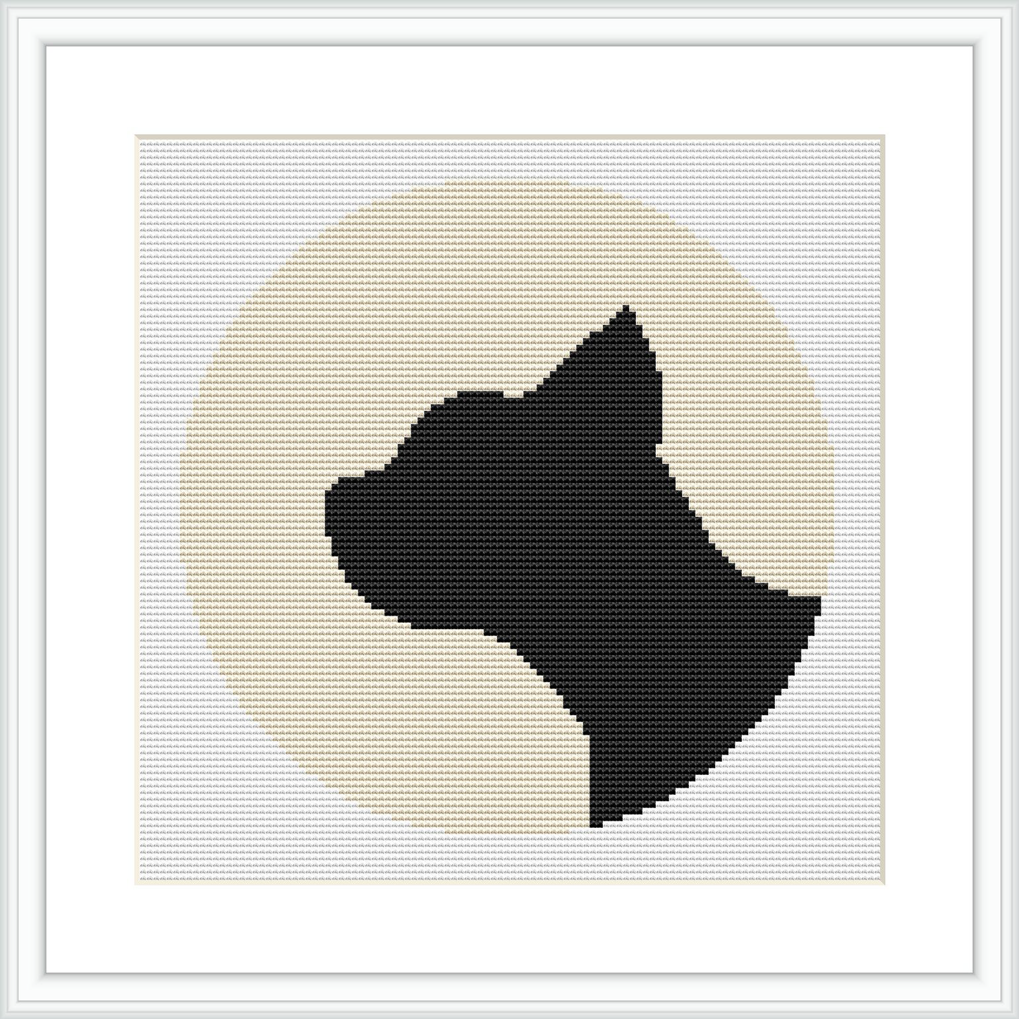 This image displays a framed cross stitch pattern with a central circular design depicting a woman's silhouette profile in black on a beige background.