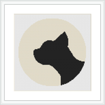 This image displays a framed cross stitch pattern with a central circular design depicting a woman's silhouette profile in black on a beige background.
