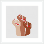 The image features a cross stitch pattern of two hands interlocking fingers, with a predominant color palette consisting of beige, browns, and touches of red and white. The pattern is centered on a white canvas, within a square frame.