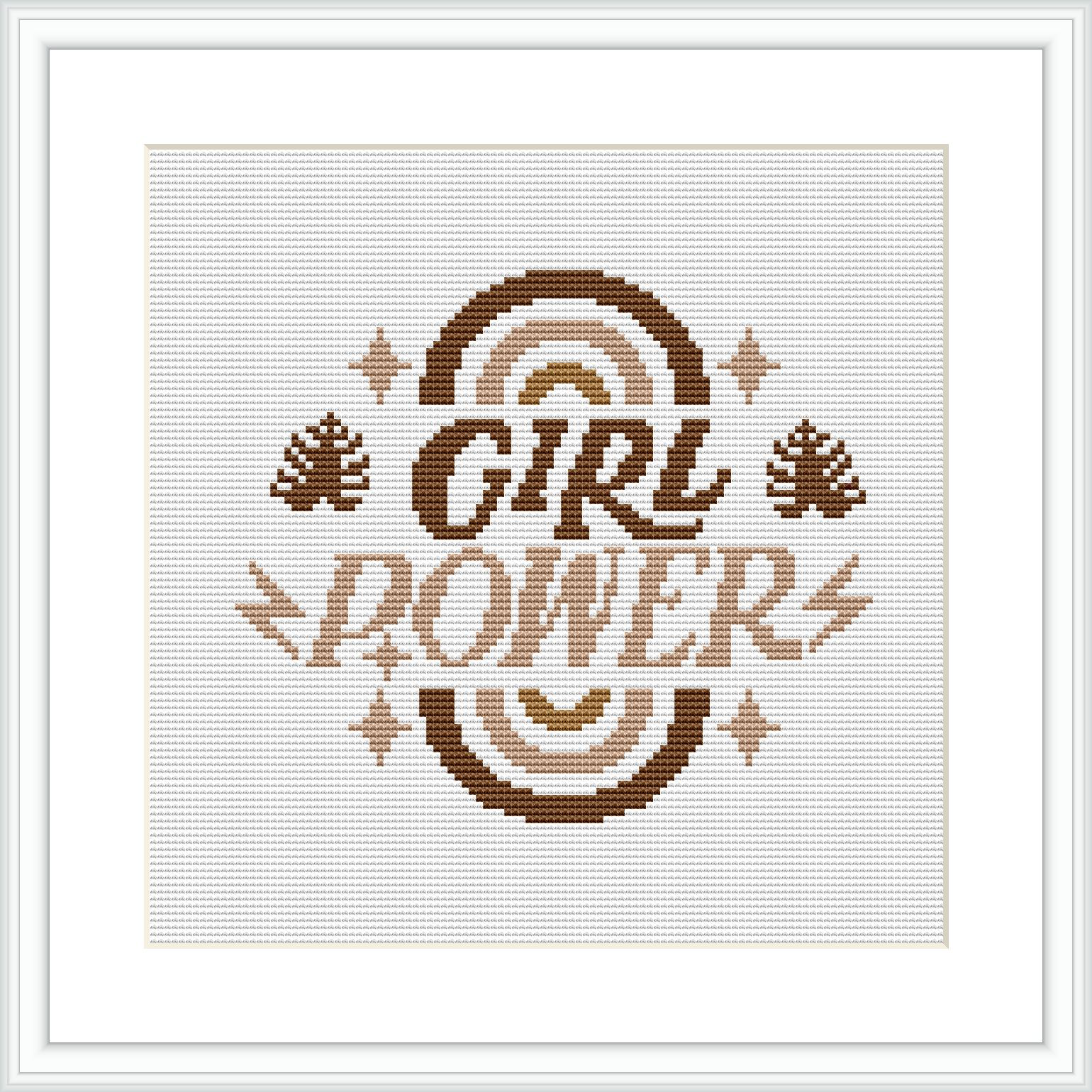 The image showcases a framed cross stitch sampler with the words 'GIRL POWER' in a bold font at the center, surrounded by ornamental floral elements and accents in shades of brown.