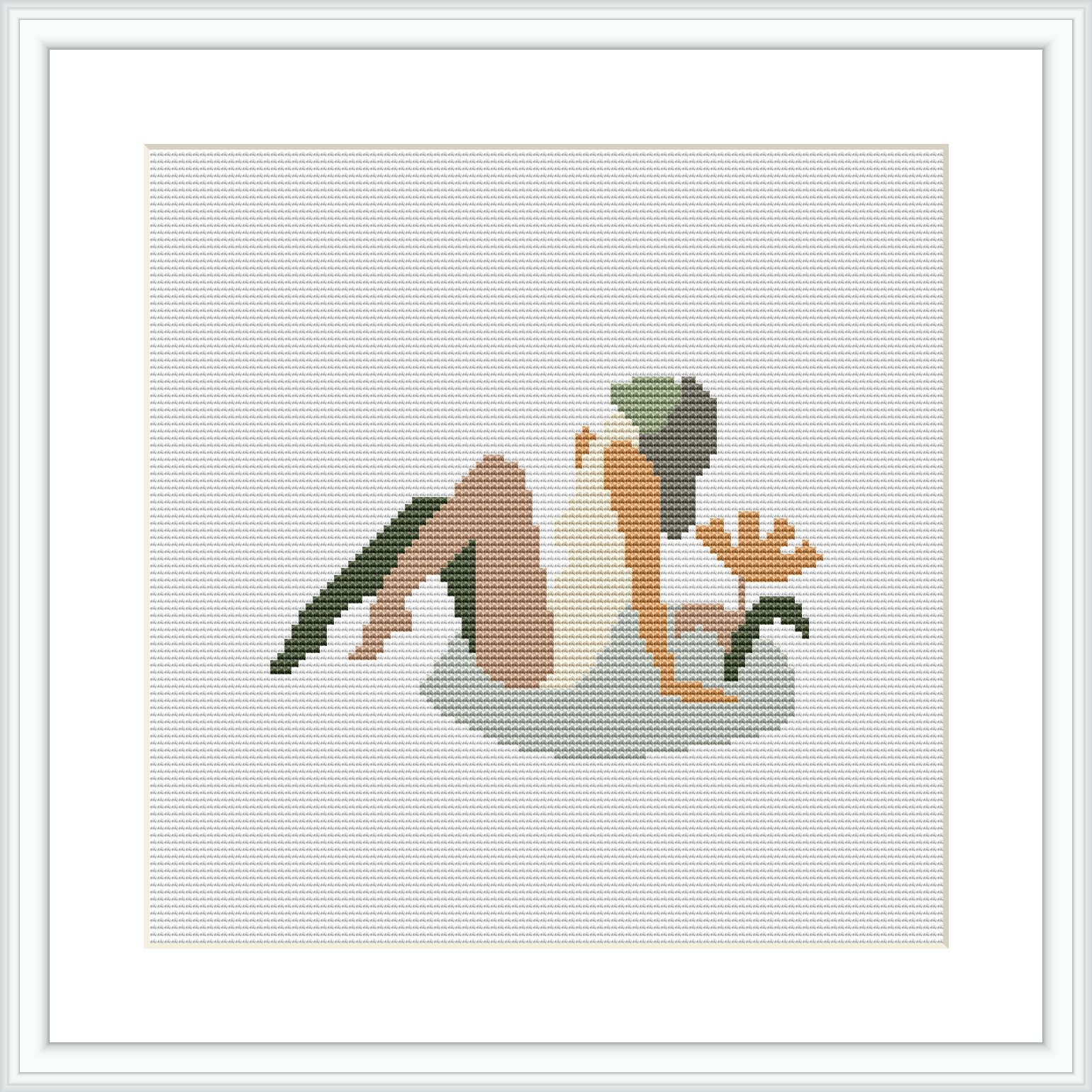 The image displays a framed cross-stitch pattern featuring an abstract representation of a woman sitting in a relaxed pose with a leaf-like pattern in the background.