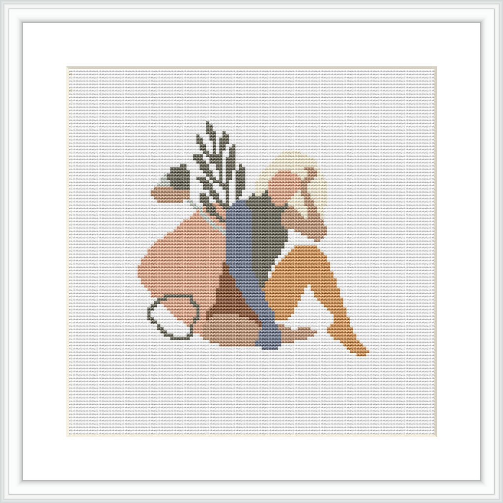 A cross stitch pattern depicting an abstract human figure in a seated pose with geometric shapes and organic ornamentation in a pastel and neutral color scheme.