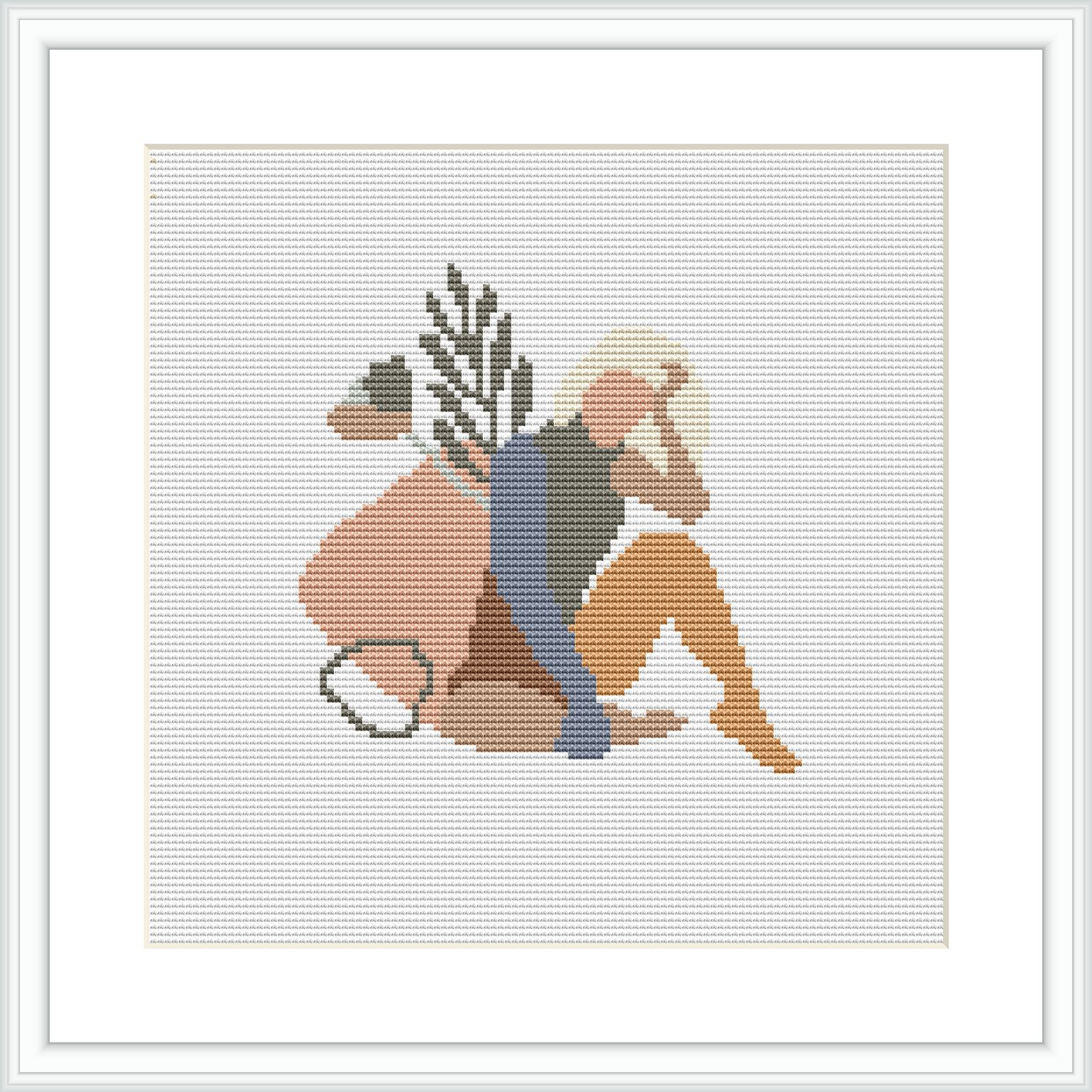 A cross stitch pattern depicting an abstract human figure in a seated pose with geometric shapes and organic ornamentation in a pastel and neutral color scheme.
