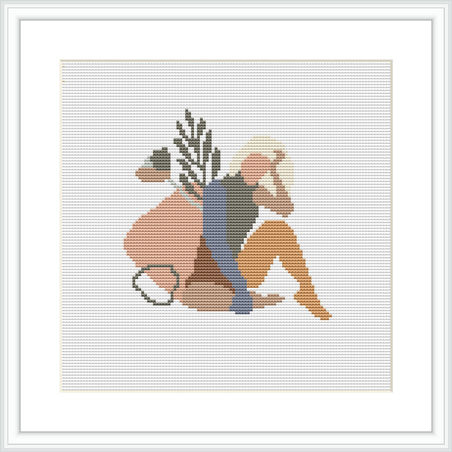 A cross stitch pattern depicting an abstract human figure in a seated pose with geometric shapes and organic ornamentation in a pastel and neutral color scheme.