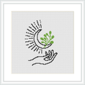 The image depicts a minimalist design of a hand in profile view, holding a crescent moon adorned with plants, positioned centrally against a plain background in a square frame.