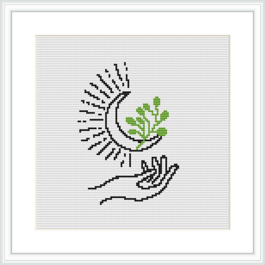 The image depicts a minimalist design of a hand in profile view, holding a crescent moon adorned with plants, positioned centrally against a plain background in a square frame.