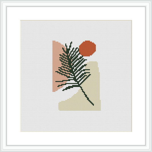 The image shows a framed cross stitch pattern featuring an abstract botanical design with geometric shapes in various colors, positioned on a white background.