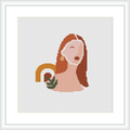 The image depicts a stylized female figure with flowing hair, wearing a peach-colored dress. She is gazing toward the sky, with an abstract floral element resting in her arm. The figure is centered on a plain white background, enclosed within a square frame.