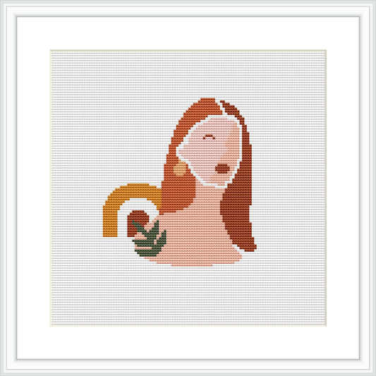 The image depicts a stylized female figure with flowing hair, wearing a peach-colored dress. She is gazing toward the sky, with an abstract floral element resting in her arm. The figure is centered on a plain white background, enclosed within a square frame.