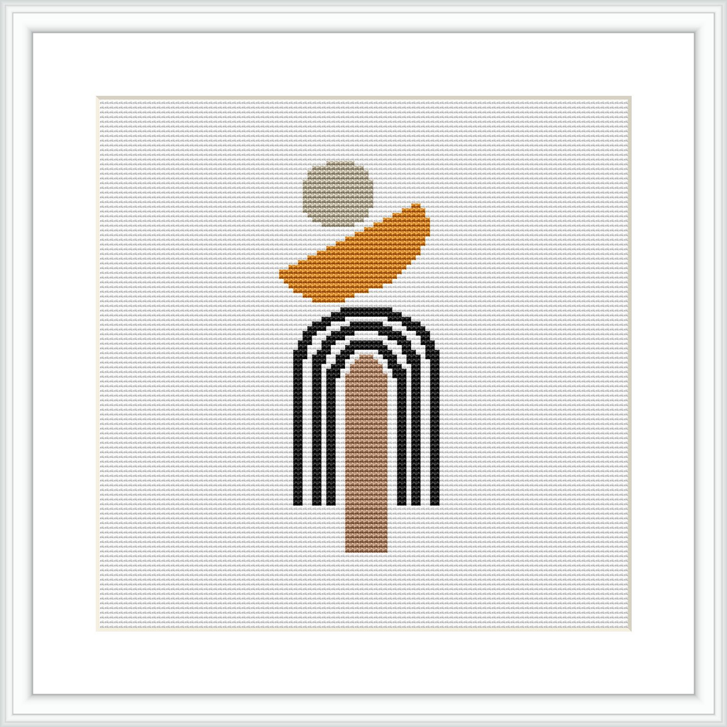 The image shows a cross stitch pattern framed in a simple white frame. The design consists of geometric shapes overlapping each other, predominantly in neutral and earthy tones with the background being plain white.
