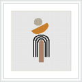 The image shows a cross stitch pattern framed in a simple white frame. The design consists of geometric shapes overlapping each other, predominantly in neutral and earthy tones with the background being plain white.