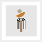 The image shows a cross stitch pattern framed in a simple white frame. The design consists of geometric shapes overlapping each other, predominantly in neutral and earthy tones with the background being plain white.