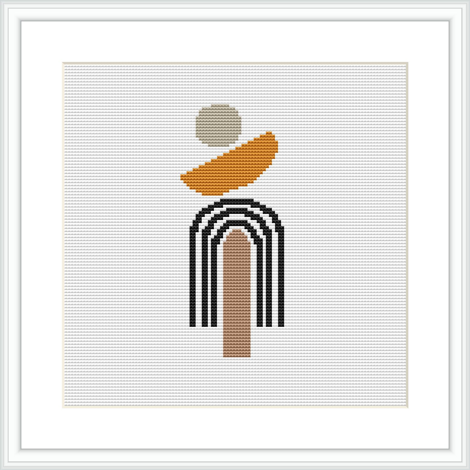 The image shows a cross stitch pattern framed in a simple white frame. The design consists of geometric shapes overlapping each other, predominantly in neutral and earthy tones with the background being plain white.
