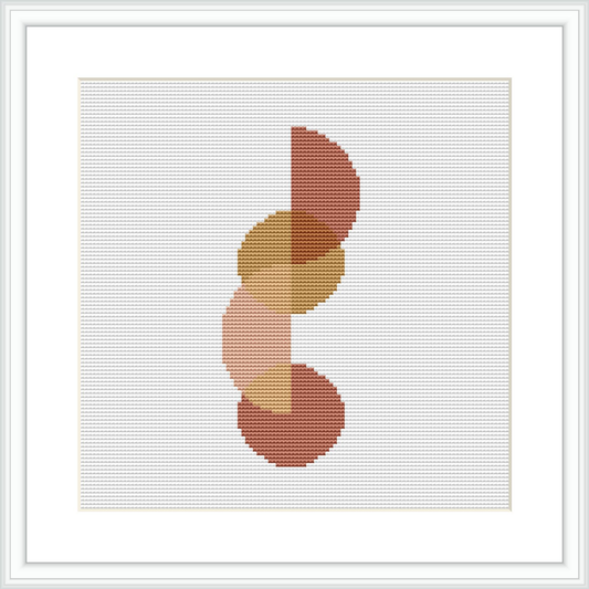 The image showcases a cross stitch pattern featuring abstract, curved shapes in various shades of neutral colors, framed by a simple white border within a square format.