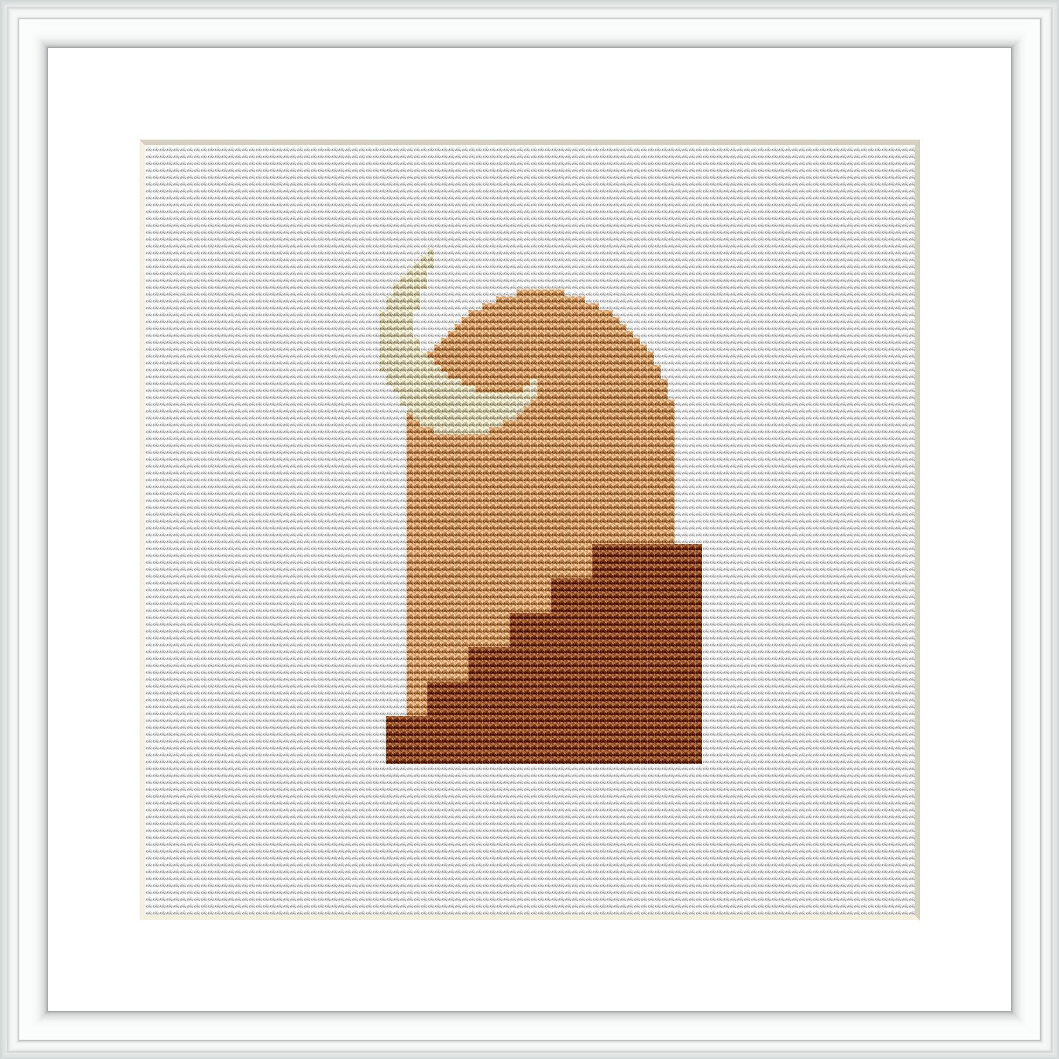 The image showcases a cross stitch design framed in white, depicted on a white background. The design features geometric steps ascending in shades of brown, with a crescent moon at the top on a cream backdrop.