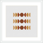 The image displays a framed cross stitch pattern featuring three rows of abstract geometric shapes, symmetrically arranged. The color palette used is subdued with shades of brown, tan, and cream. The design is centered within the frame on a white background.