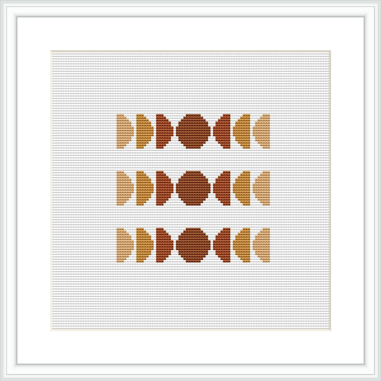 The image displays a framed cross stitch pattern featuring three rows of abstract geometric shapes, symmetrically arranged. The color palette used is subdued with shades of brown, tan, and cream. The design is centered within the frame on a white background.